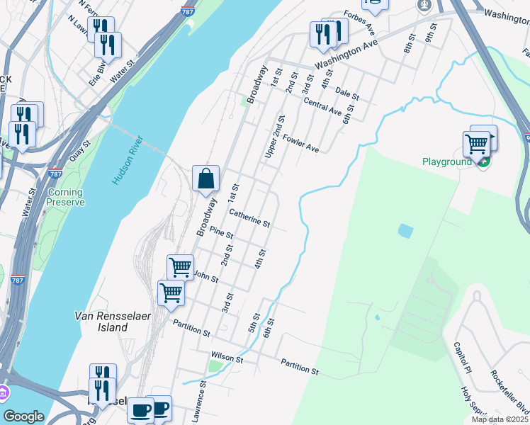 map of restaurants, bars, coffee shops, grocery stores, and more near 1318 3rd Street in Rensselaer