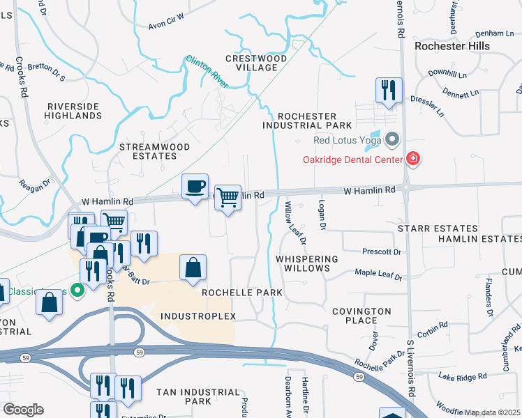 map of restaurants, bars, coffee shops, grocery stores, and more near 1541 West Hamlin Road in Rochester Hills