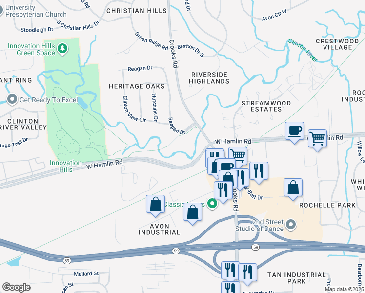map of restaurants, bars, coffee shops, grocery stores, and more near in Rochester Hills