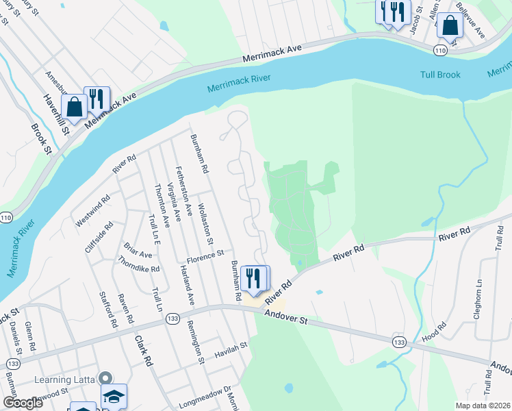 map of restaurants, bars, coffee shops, grocery stores, and more near 85 Merrimack Meadows Lane in Tewksbury