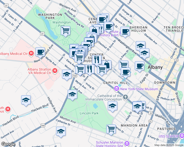 map of restaurants, bars, coffee shops, grocery stores, and more near 368 Madison Avenue in Albany