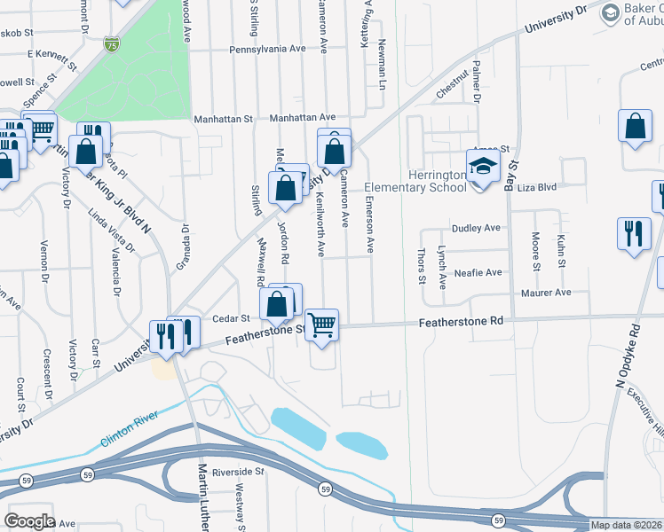 map of restaurants, bars, coffee shops, grocery stores, and more near 448 Kenilworth Avenue in Pontiac