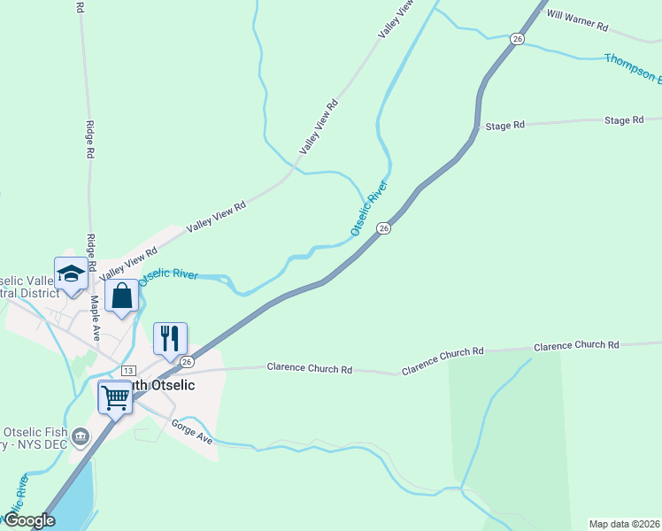 map of restaurants, bars, coffee shops, grocery stores, and more near 1707 Highway 26 in South Otselic