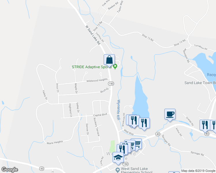 map of restaurants, bars, coffee shops, grocery stores, and more near 6 Birch Drive in West Sand Lake