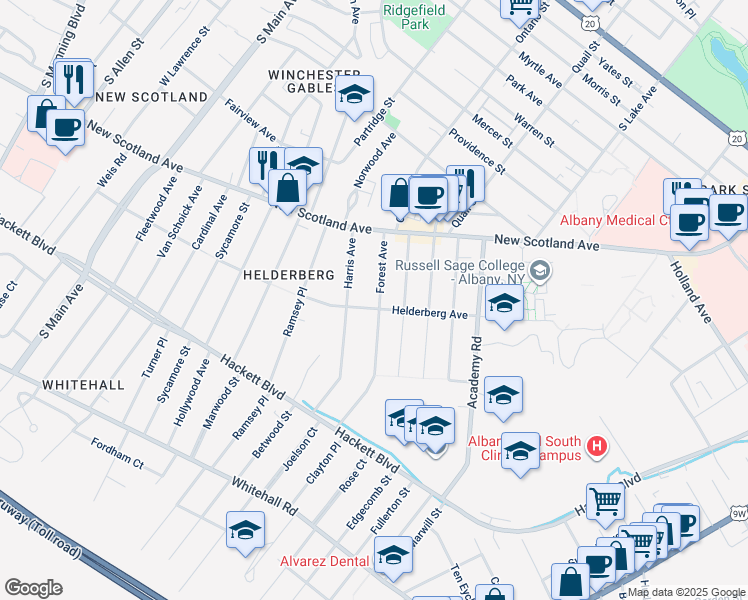 map of restaurants, bars, coffee shops, grocery stores, and more near 31 Forest Avenue in Albany