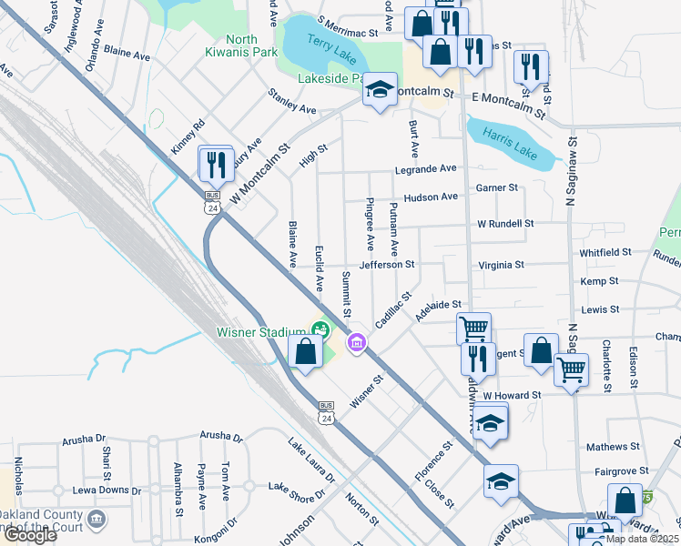 map of restaurants, bars, coffee shops, grocery stores, and more near 75 Summit Street in Pontiac