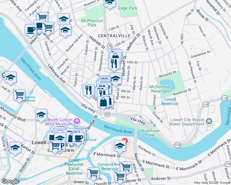 map of restaurants, bars, coffee shops, grocery stores, and more near 19 West 5th Street in Lowell