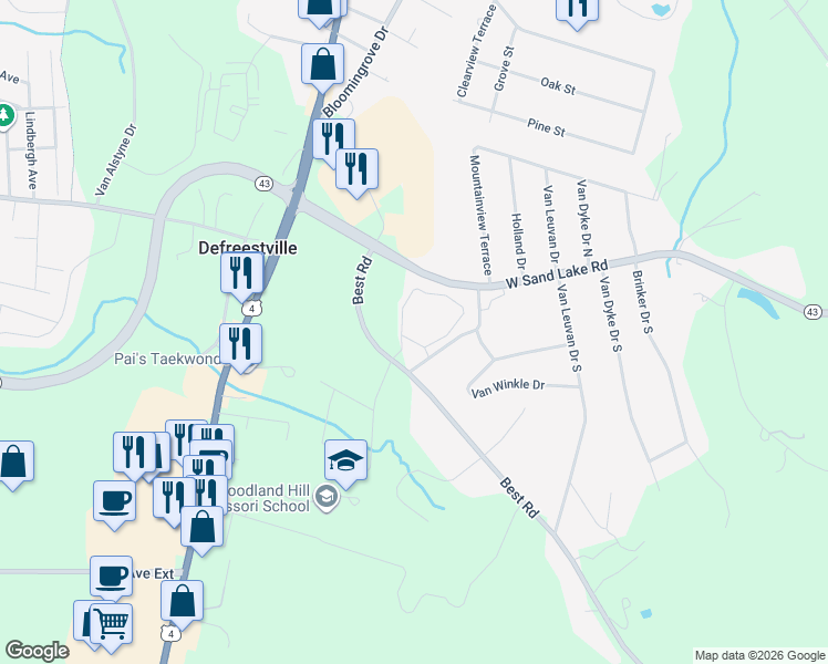 map of restaurants, bars, coffee shops, grocery stores, and more near 1 Eastwyck Circle in Rensselaer County