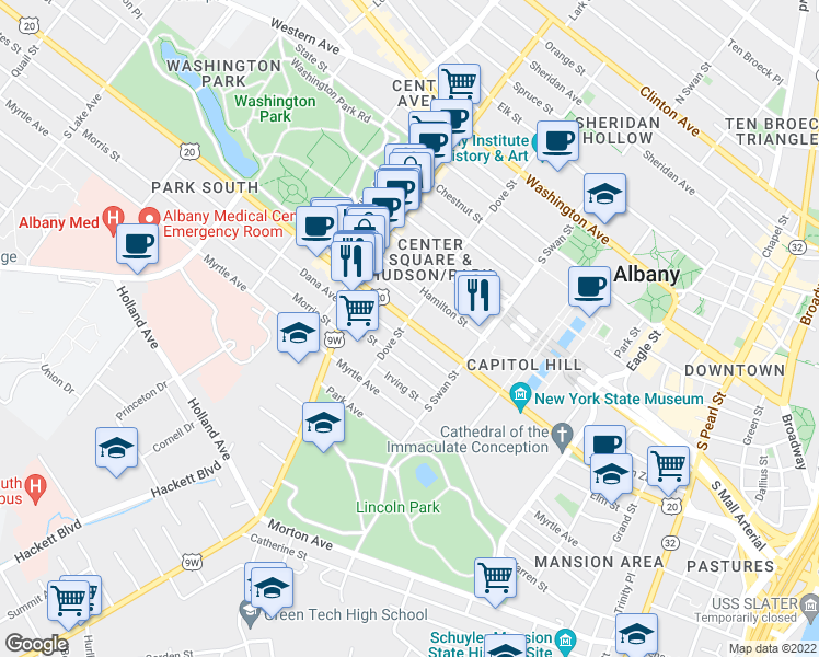 map of restaurants, bars, coffee shops, grocery stores, and more near 370 Madison Avenue in Albany