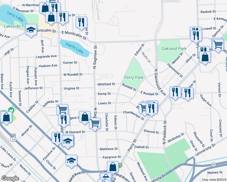 map of restaurants, bars, coffee shops, grocery stores, and more near 65 Kemp Street in Pontiac