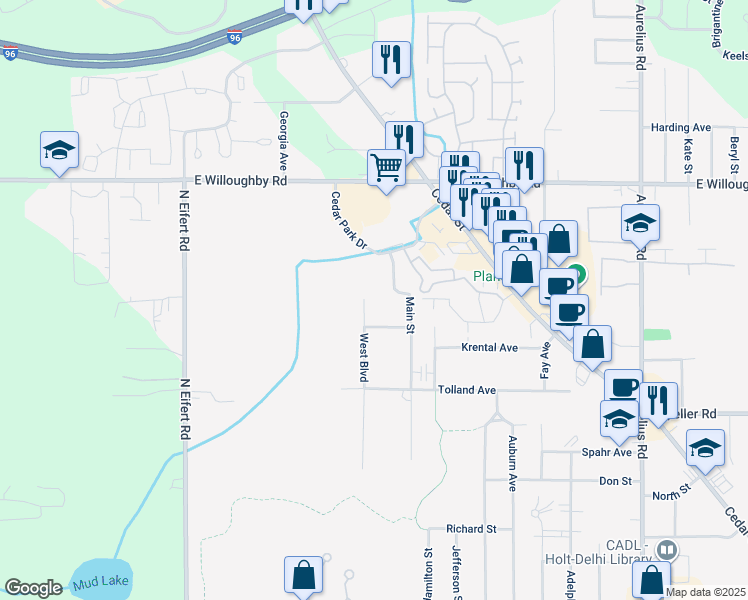 map of restaurants, bars, coffee shops, grocery stores, and more near 2376 West Boulevard in Delhi charter Township