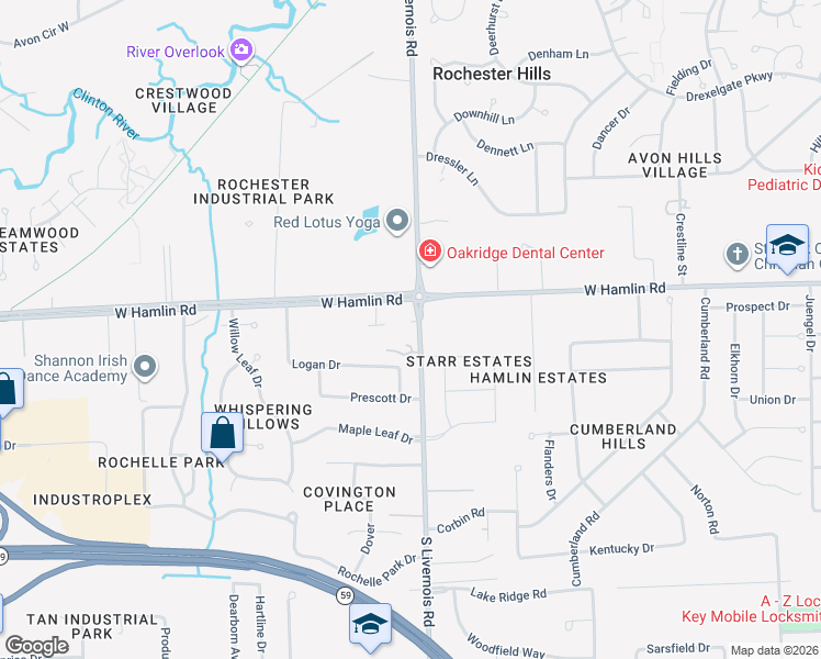 map of restaurants, bars, coffee shops, grocery stores, and more near 2040 South Livernois Road in Rochester Hills