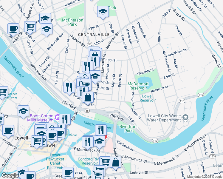 map of restaurants, bars, coffee shops, grocery stores, and more near 38 Myrtle Street in Lowell