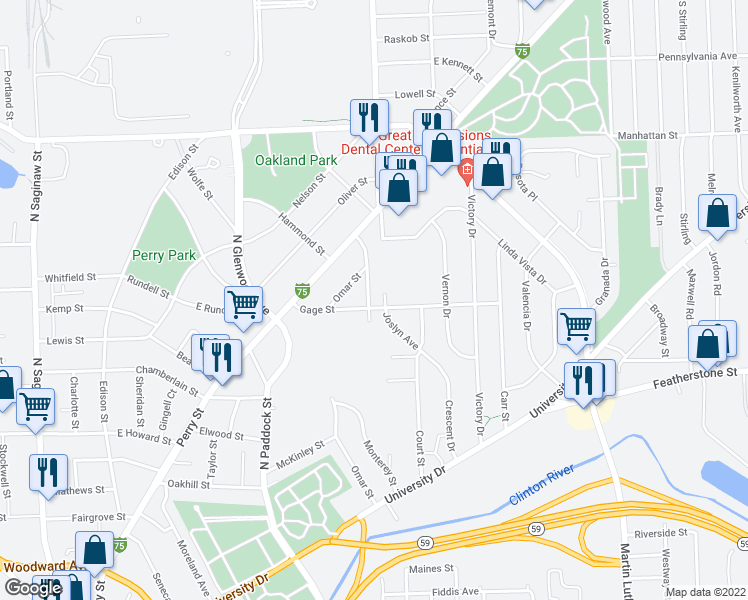 map of restaurants, bars, coffee shops, grocery stores, and more near 464 Harper Street in Pontiac