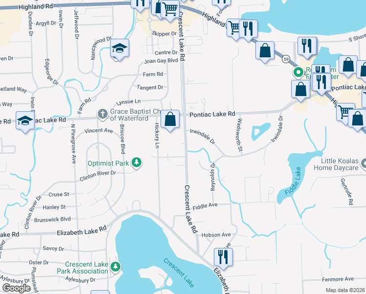 map of restaurants, bars, coffee shops, grocery stores, and more near 835 Crescent Lake Road in Waterford Township