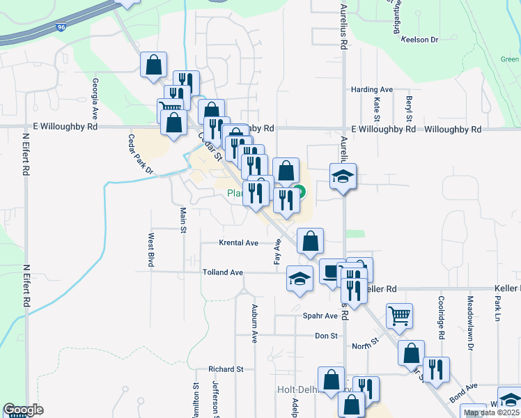 map of restaurants, bars, coffee shops, grocery stores, and more near 2377 Cedar Street in Delhi charter Township