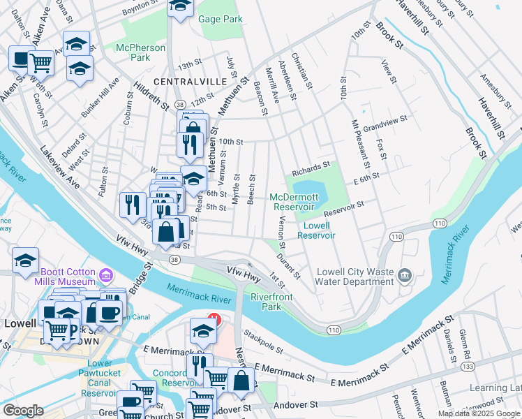 map of restaurants, bars, coffee shops, grocery stores, and more near 44 Fremont Street in Lowell