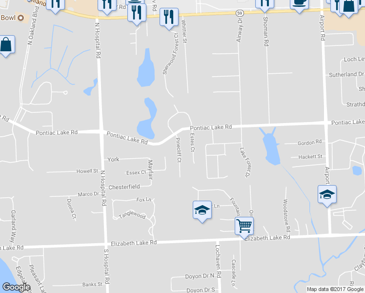 map of restaurants, bars, coffee shops, grocery stores, and more near 432 Pinecliff Court in Waterford Township