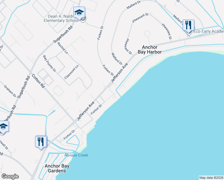 map of restaurants, bars, coffee shops, grocery stores, and more near 47569 Forton Street in New Baltimore