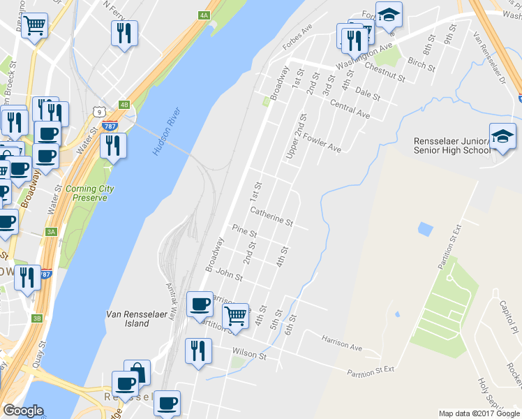 map of restaurants, bars, coffee shops, grocery stores, and more near 1303 2nd Street in Rensselaer