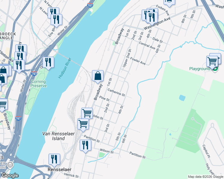 map of restaurants, bars, coffee shops, grocery stores, and more near 1303 2nd Street in Rensselaer