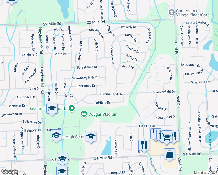 map of restaurants, bars, coffee shops, grocery stores, and more near 48121 Village Drive in Macomb