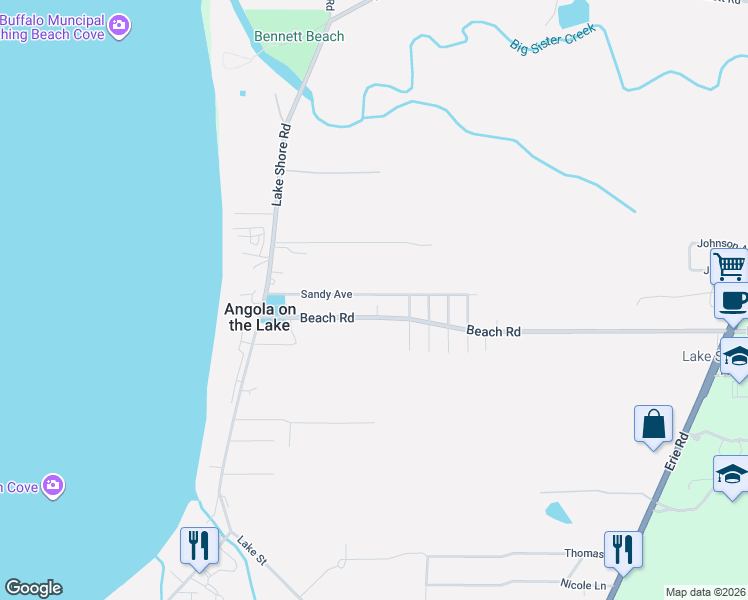 map of restaurants, bars, coffee shops, grocery stores, and more near 705 Sandy Avenue in Angola