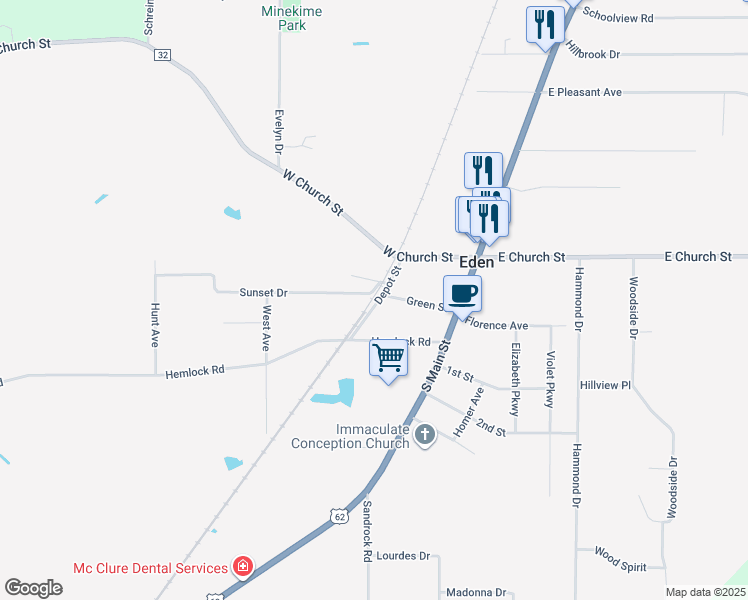 map of restaurants, bars, coffee shops, grocery stores, and more near 8600 Depot Street in Eden