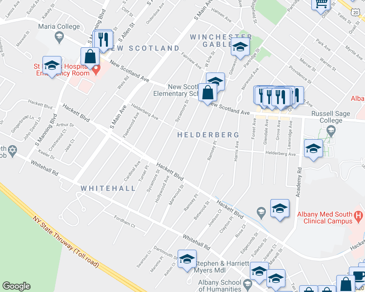 map of restaurants, bars, coffee shops, grocery stores, and more near 90 Hollywood Avenue in Albany