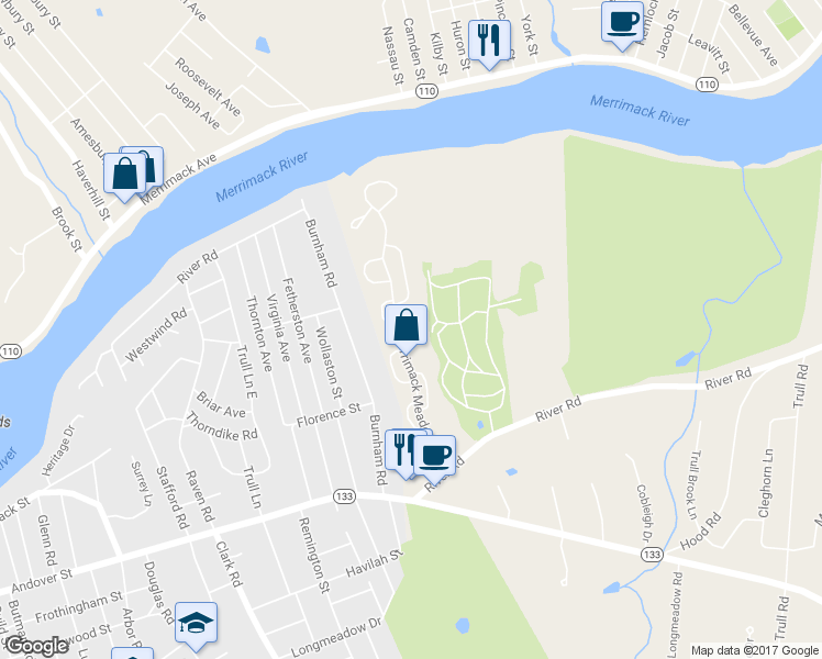 map of restaurants, bars, coffee shops, grocery stores, and more near 85 Merrimack Meadows Lane in Tewksbury