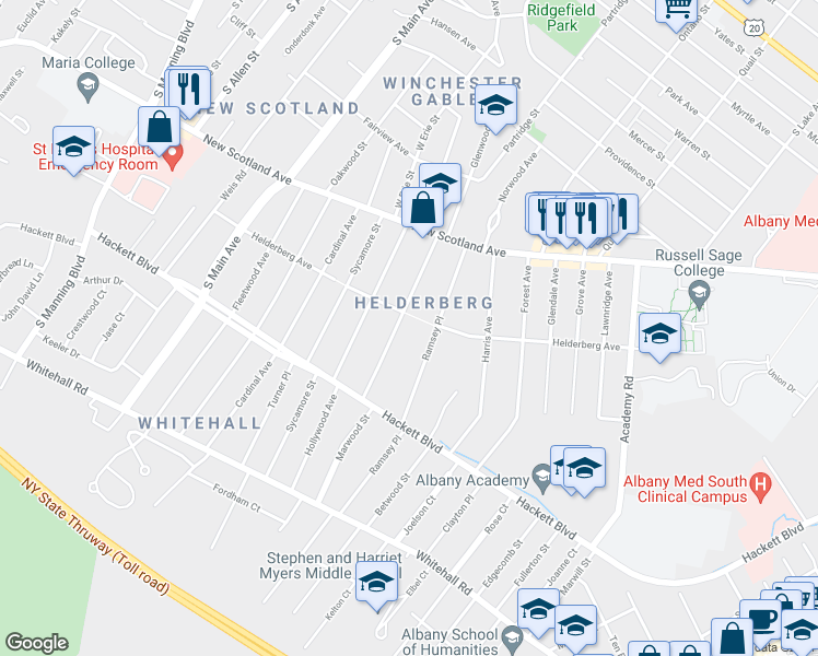 map of restaurants, bars, coffee shops, grocery stores, and more near 54 Pinewood Avenue in Albany