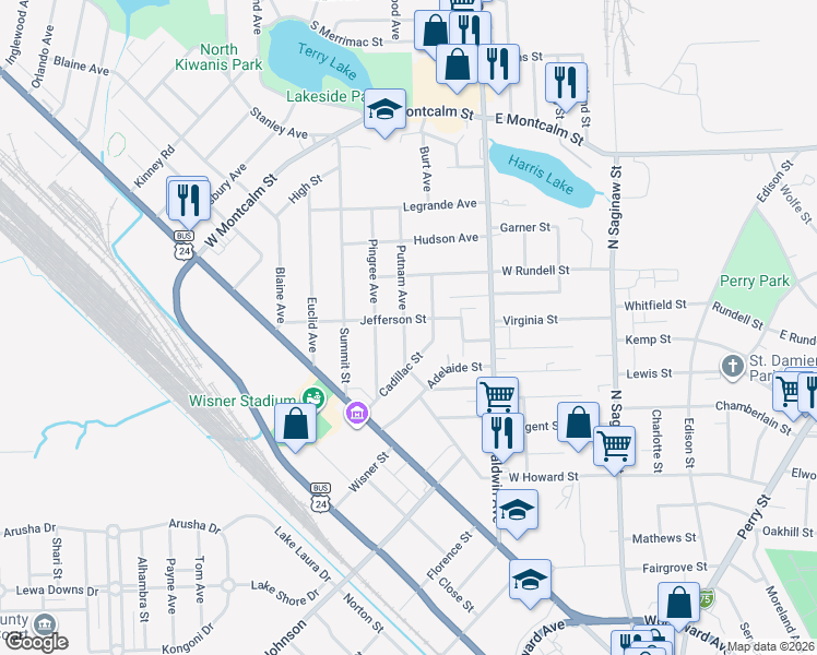 map of restaurants, bars, coffee shops, grocery stores, and more near 44 Putnam Avenue in Pontiac