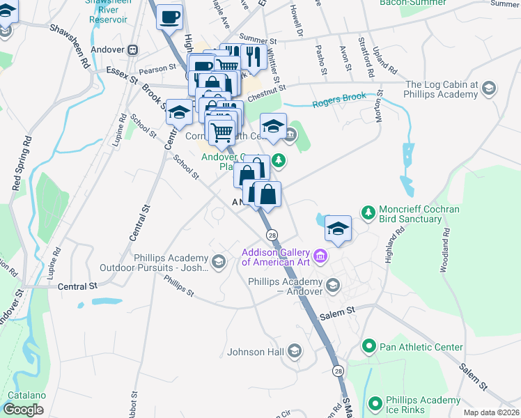 map of restaurants, bars, coffee shops, grocery stores, and more near 209 North Main Street in Andover