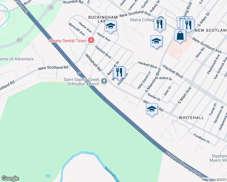 map of restaurants, bars, coffee shops, grocery stores, and more near 426 Whitehall Road in Albany