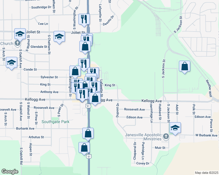 map of restaurants, bars, coffee shops, grocery stores, and more near 831 King Street in Janesville
