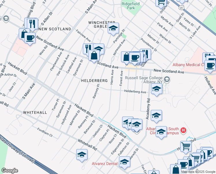 map of restaurants, bars, coffee shops, grocery stores, and more near 31 Harris Ave in Albany