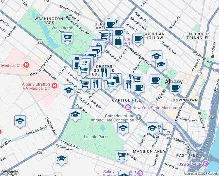 map of restaurants, bars, coffee shops, grocery stores, and more near 310 Hamilton Street in Albany