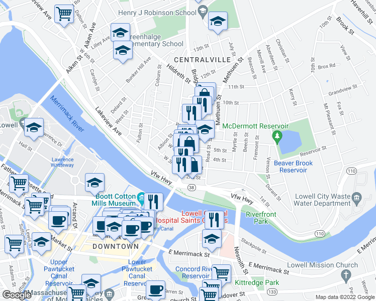 map of restaurants, bars, coffee shops, grocery stores, and more near 415 Bridge Street in Lowell