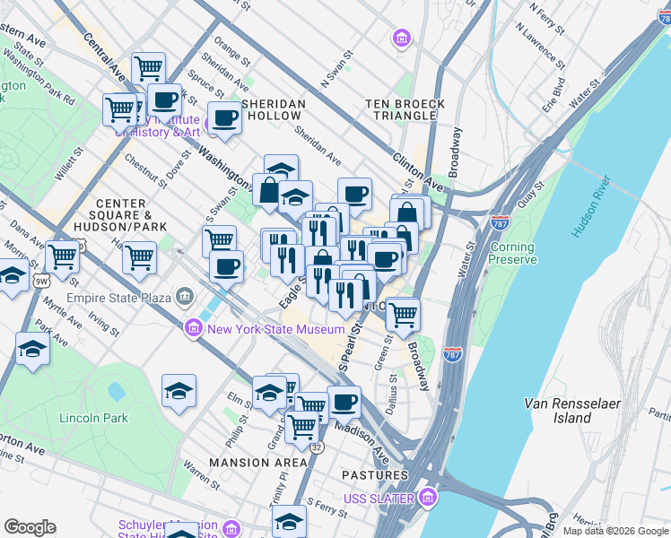 map of restaurants, bars, coffee shops, grocery stores, and more near in Albany