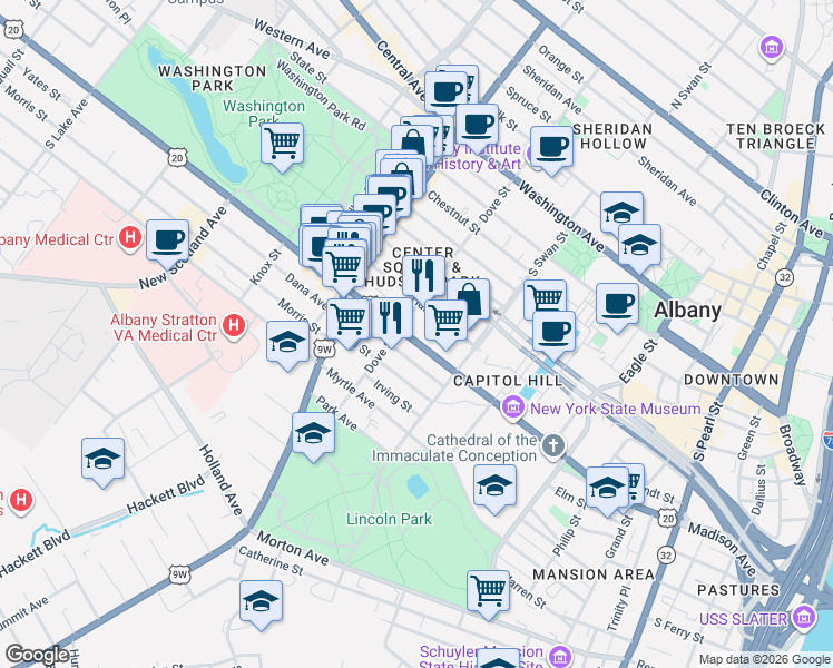map of restaurants, bars, coffee shops, grocery stores, and more near 370 Madison Avenue in Albany