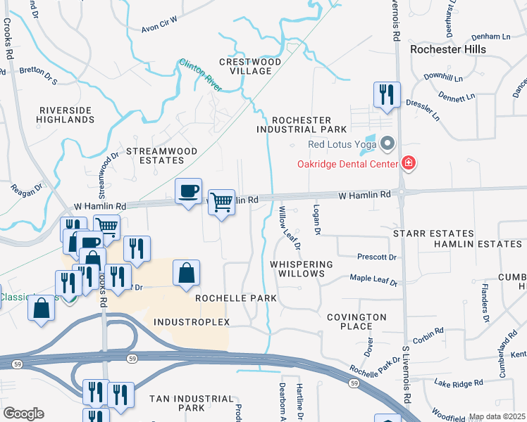 map of restaurants, bars, coffee shops, grocery stores, and more near 1541 West Hamlin Road in Rochester Hills