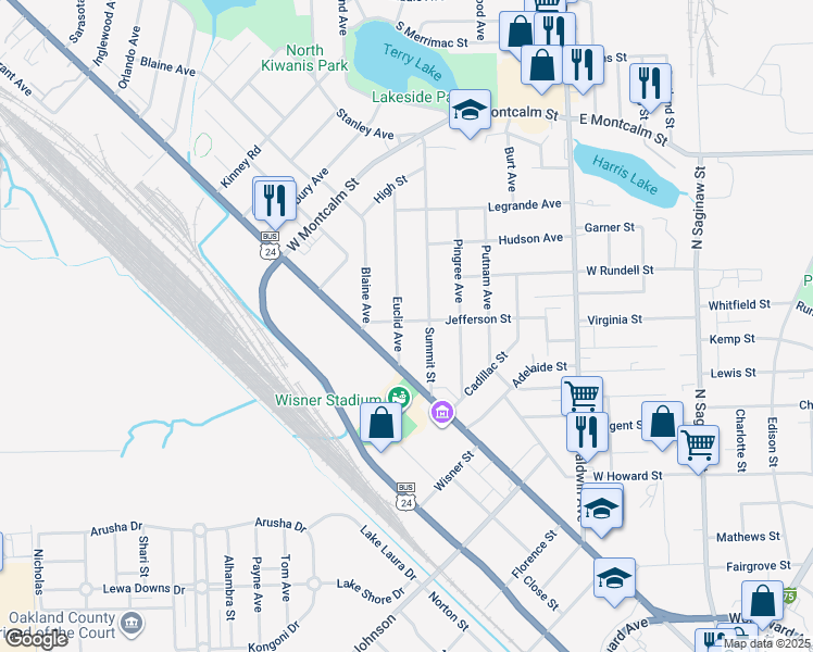 map of restaurants, bars, coffee shops, grocery stores, and more near 75 Summit Street in Pontiac