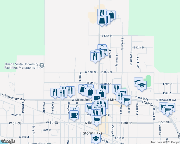 map of restaurants, bars, coffee shops, grocery stores, and more near 1016 Michigan Street in Storm Lake