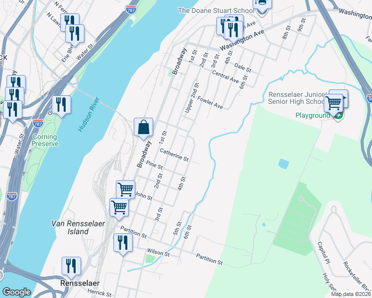 map of restaurants, bars, coffee shops, grocery stores, and more near 1336 3rd Street in Rensselaer
