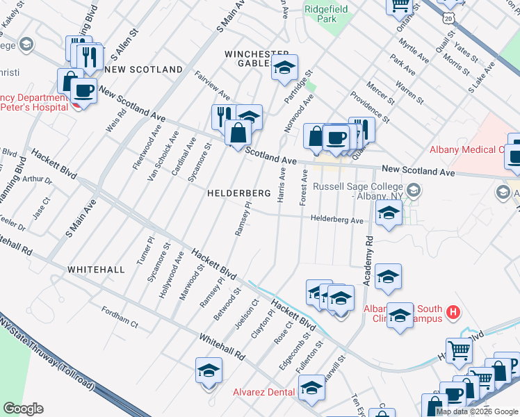 map of restaurants, bars, coffee shops, grocery stores, and more near 5 Helderberg Avenue in Albany