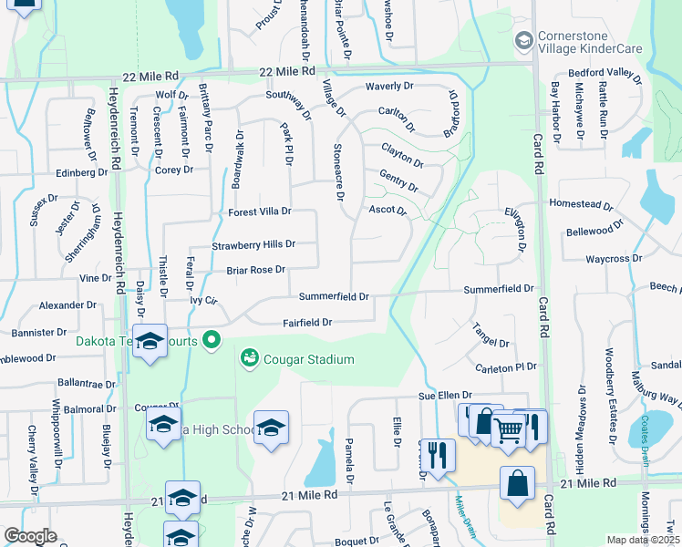 map of restaurants, bars, coffee shops, grocery stores, and more near 48121 Village Drive in Macomb