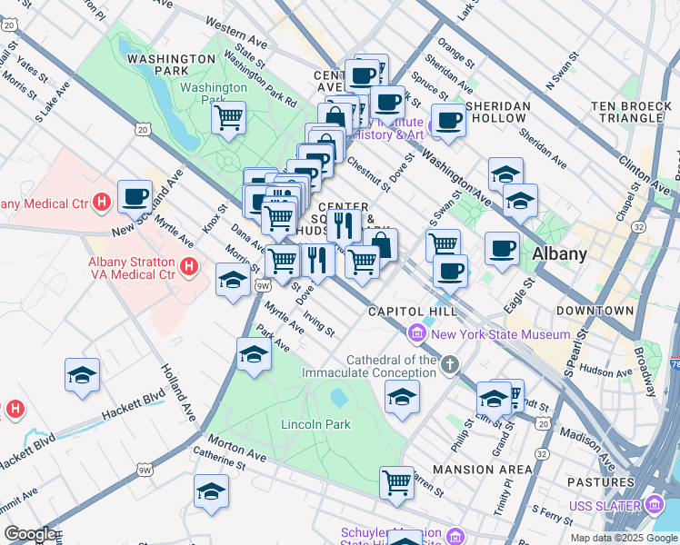 map of restaurants, bars, coffee shops, grocery stores, and more near 370 Madison Avenue in Albany