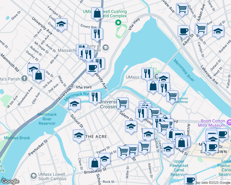 map of restaurants, bars, coffee shops, grocery stores, and more near 2 University Avenue in Lowell