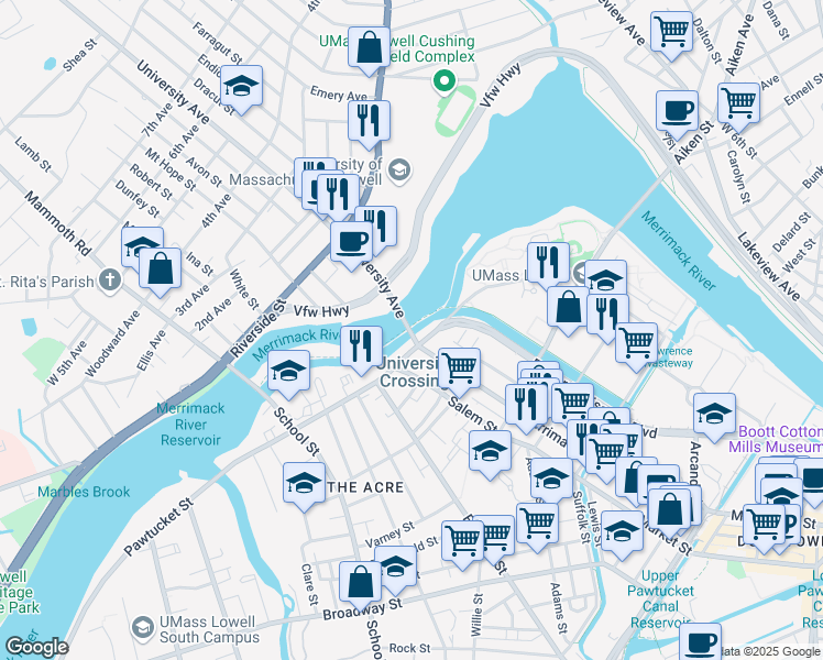 map of restaurants, bars, coffee shops, grocery stores, and more near 2 University Avenue in Lowell