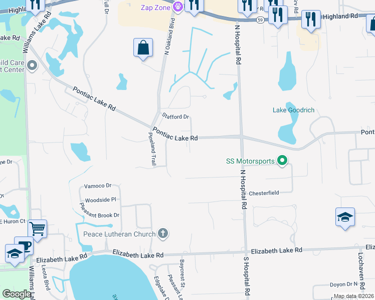 map of restaurants, bars, coffee shops, grocery stores, and more near 7265 Pontiac Lake Road in Oakland County